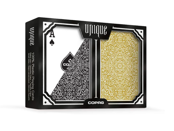 Copag Unique Plastic Playing Cards Poker Size Regular Index Black and Gold Double-Deck Set